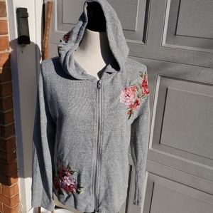 INC International Concept, Gray, Women's Large Zip-up Hoodie, Flower Embroidery